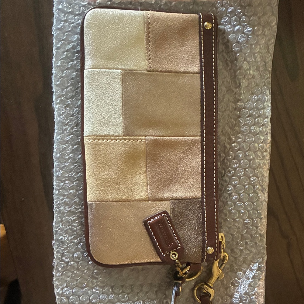 Coach Patchwork Suede Wristlet in Beige and Brown
